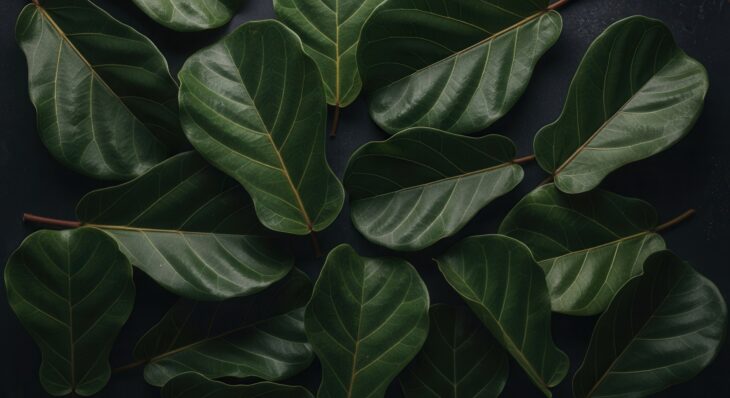 This image shows a close-up composition of lush fiddle leaf fig leaves arranged on a dark background. The intricate details of the leaves, including their veins and textures, are highlighted,
